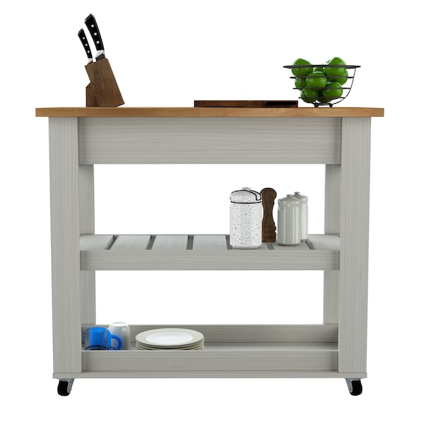 Inval Kitchen Cart in Washed Oak with Teak top 46.8 in. W x 33.8 in. H x 19.7 in. W - CR-2007