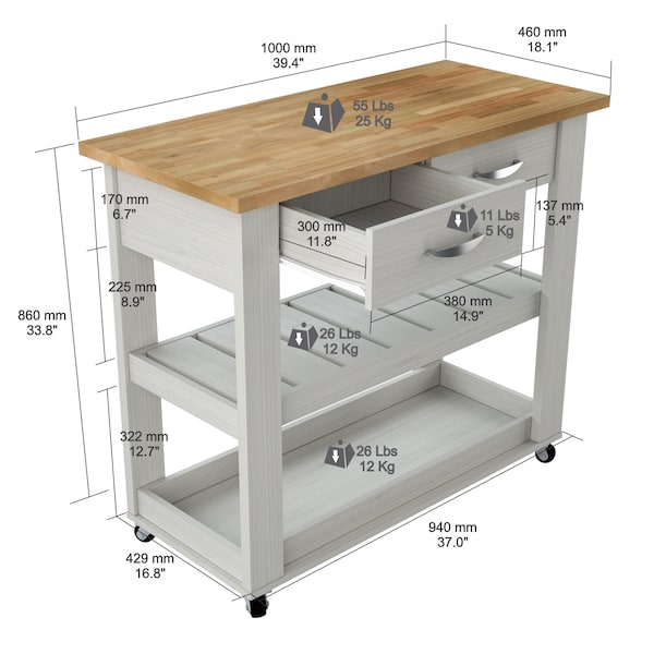 Inval Kitchen Cart in Washed Oak with Teak top 46.8 in. W x 33.8 in. H x 19.7 in. W - CR-2007
