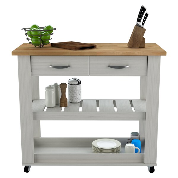 Inval Kitchen Cart in Washed Oak with Teak top 46.8 in. W x 33.8 in. H x 19.7 in. W - CR-2007