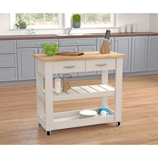 Inval Kitchen Cart in Washed Oak with Teak top 46.8 in. W x 33.8 in. H x 19.7 in. W - CR-2007