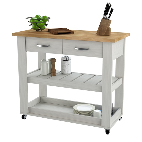 Inval Kitchen Cart in Washed Oak with Teak top 46.8 in. W x 33.8 in. H x 19.7 in. W - CR-2007