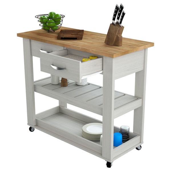 Inval Kitchen Cart in Washed Oak with Teak top 46.8 in. W x 33.8 in. H x 19.7 in. W - CR-2007