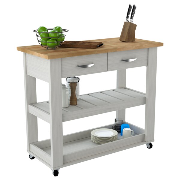 Inval Kitchen Cart in Washed Oak with Teak top 46.8 in. W x 33.8 in. H x 19.7 in. W - CR-2007