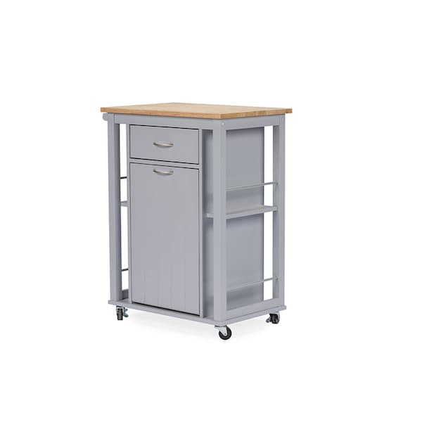 Baxton Studio Yonkers Contemporary Light Grey Kitchen Cart with Wood Top - 114-6121