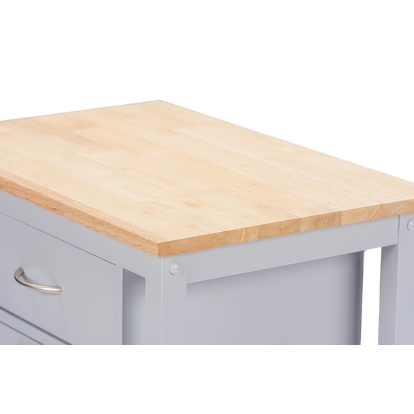 Baxton Studio Yonkers Contemporary Light Grey Kitchen Cart with Wood Top - 114-6121