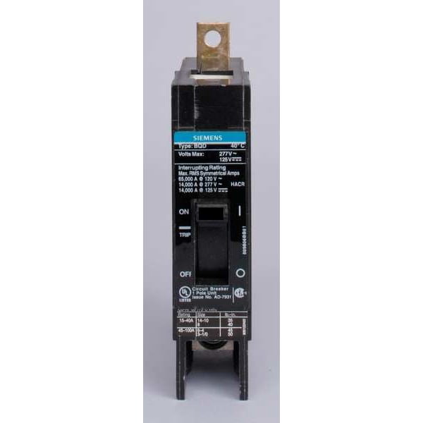 Siemens Miniature Circuit Breaker, BQD Series, 40A, 1 Pole, 277V AC, 14kA at 277V AC - BQD140