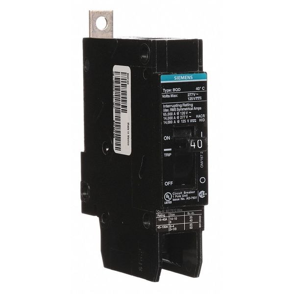 Siemens Miniature Circuit Breaker, BQD Series, 40A, 1 Pole, 277V AC, 14kA at 277V AC - BQD140