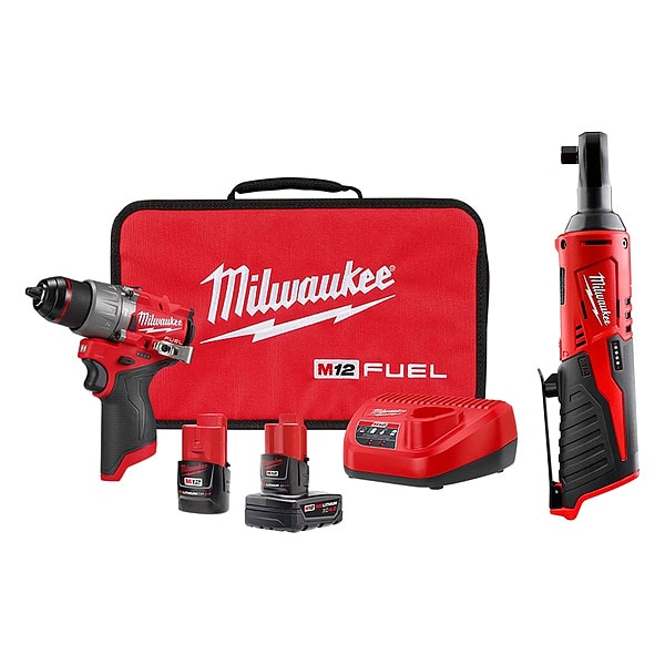 Milwaukee Tool Combo Kit and Ratchet, 12 V, Includes Batteries & Charger - 3404-22, 2457-20