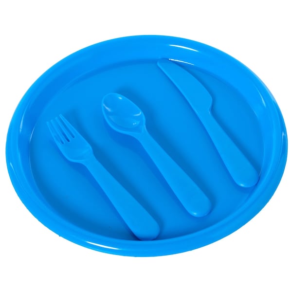 Basicwise Reusable Cutlery Set of 4 Plastic Plates, Spoons, Forks and Knives for Baby and Toddlers, Blue - QI003831.BL