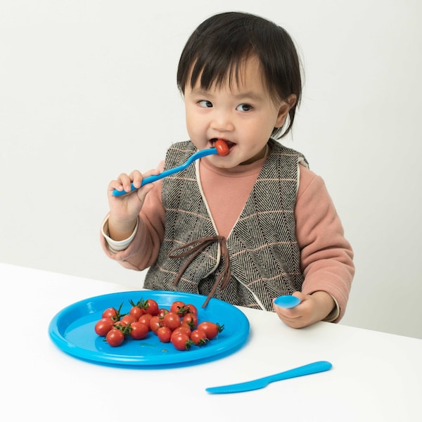 Basicwise Reusable Cutlery Set of 4 Plastic Plates, Spoons, Forks and Knives for Baby and Toddlers, Blue - QI003831.BL
