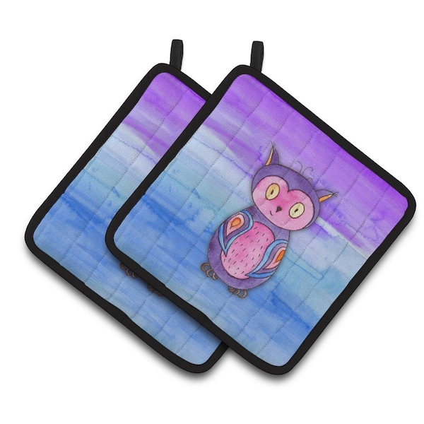 Carolines Treasures Pink & Purple Owl Watercolor Pair of Pot Holders - BB7427PTHD