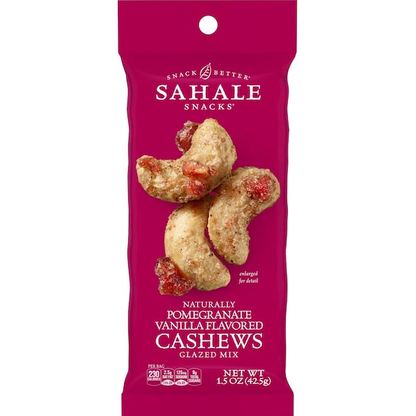 Botana de mezcla glaseada de anacardos con granada/vainilla Folgers de Sahale Snacks, 18 paquetes - SMU00328