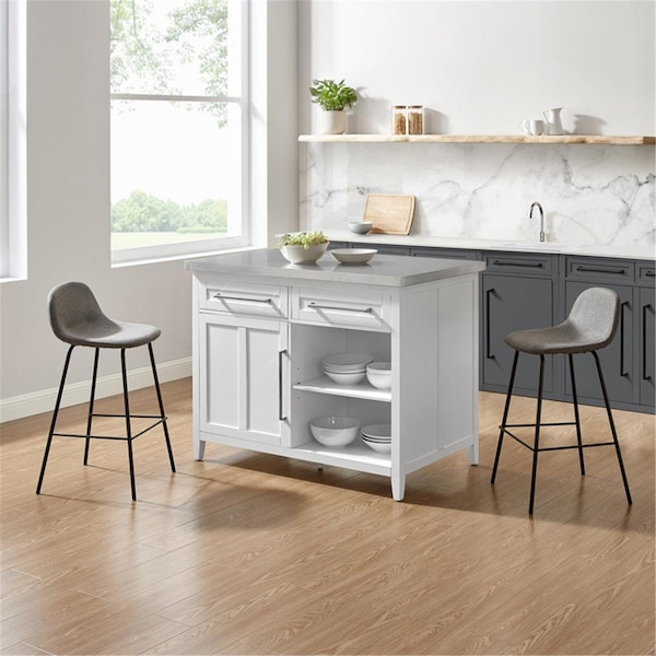 Kd Estanteria 36.5 x 46 x 52 in. Stainless Steel Top Kitchen Island with Riley Stools - White - KD3042836