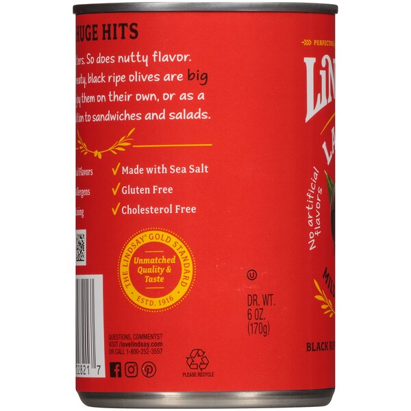 Lindsay Aceitunas Negras Grandes sin Hueso 6 oz., Paquete de 24 - A001163