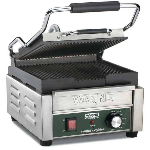 Waring Commercial Compact Panini Grill, Ribbed Plates, 120V, 1800 Watts - WPG150