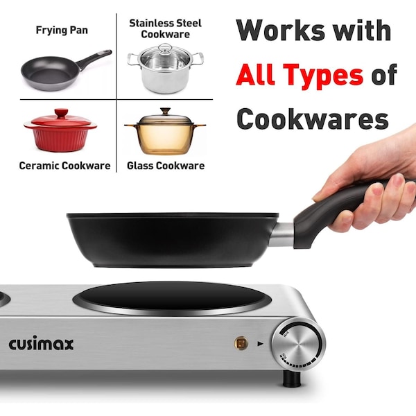Cusimax 1800W Electric Double Hot Plate, Portable Burner for cooking, Electric Infrared Stove, Silver - CMIP-B180S