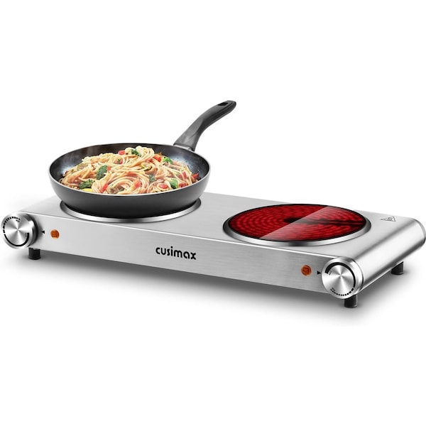 Cusimax 1800W Electric Double Hot Plate, Portable Burner for cooking, Electric Infrared Stove, Silver - CMIP-B180S