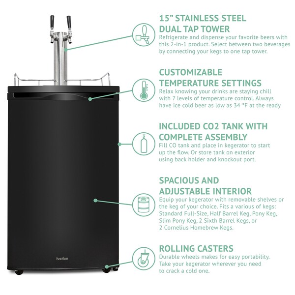 Ivation 4.9 cu. ft. 20 in. Dual Tap Black Beer Kegerator - IVBKADT491B