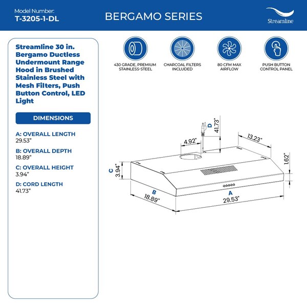Streamline 30 in. Bergamo Ductless Undermount 80 CFM Range Hood in Brushed Stainless Steel - T-3205-1-DL