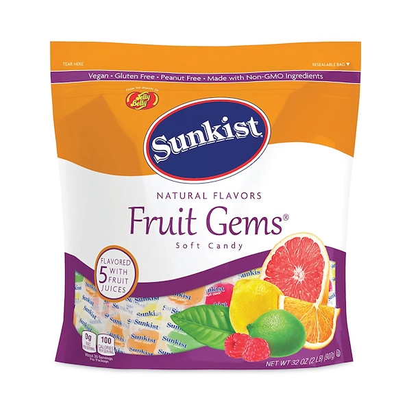 Sunkist Fruit Gems: Variedad de dulces de goma masticables, sabores naturales de frutas surtidas, bolsa de 212 lb, 90 piezas - 24870