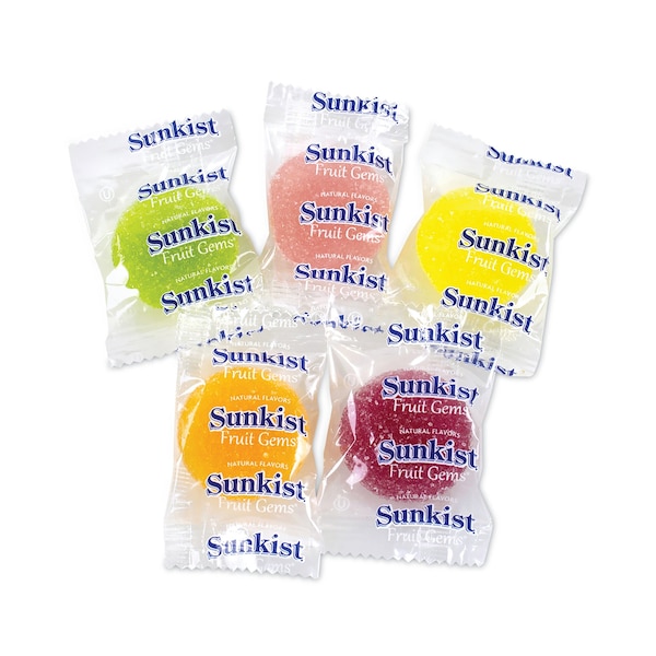 Sunkist Fruit Gems: Variedad de dulces de goma masticables, sabores naturales de frutas surtidas, bolsa de 212 lb, 90 piezas - 24870