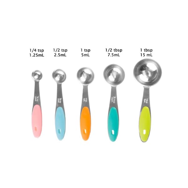 Hastings Home 5-piece Measuring Spoons Set, Stainless Steel with Colored Silicone Handles and Metal Ring Hanger - 631559ONM