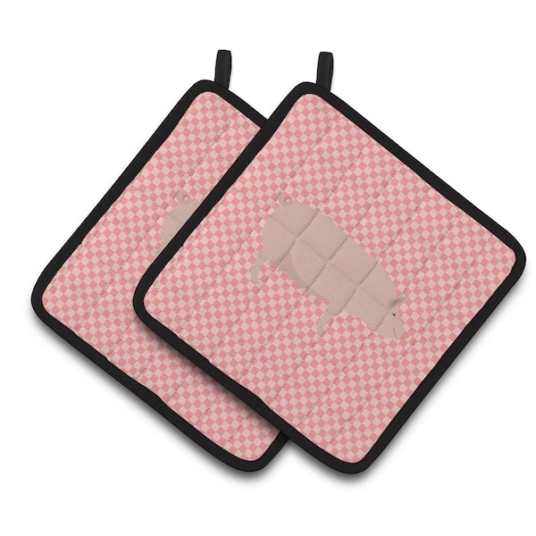 Carolines Treasures English Large White Pig Pink Check Pair of Pot Holders - BB7938PTHD