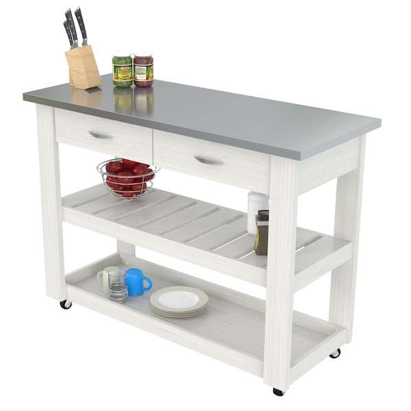 Inval Kitchen Cart in White with Stainless Steel top 46.8 in. W x 33.8 in. H x 19.7 in. W - CR-1307
