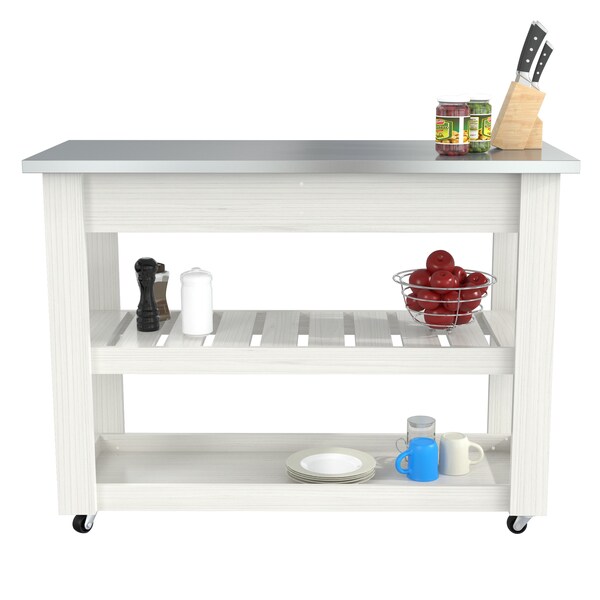 Inval Kitchen Cart in White with Stainless Steel top 46.8 in. W x 33.8 in. H x 19.7 in. W - CR-1307