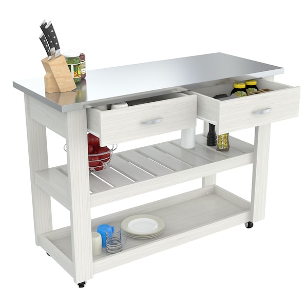 Inval Kitchen Cart in White with Stainless Steel top 46.8 in. W x 33.8 in. H x 19.7 in. W - CR-1307
