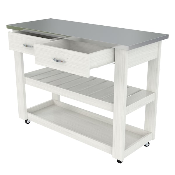 Inval Kitchen Cart in White with Stainless Steel top 46.8 in. W x 33.8 in. H x 19.7 in. W - CR-1307