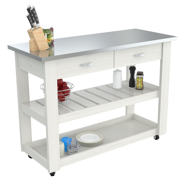 Inval Kitchen Cart in White with Stainless Steel top 46.8 in. W x 33.8 in. H x 19.7 in. W - CR-1307