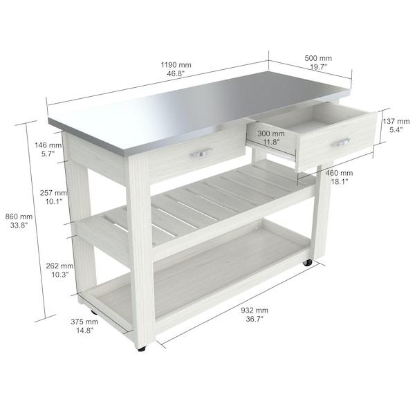 Inval Kitchen Cart in White with Stainless Steel top 46.8 in. W x 33.8 in. H x 19.7 in. W - CR-1307