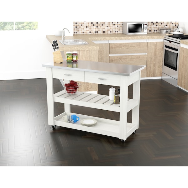 Inval Kitchen Cart in White with Stainless Steel top 46.8 in. W x 33.8 in. H x 19.7 in. W - CR-1307