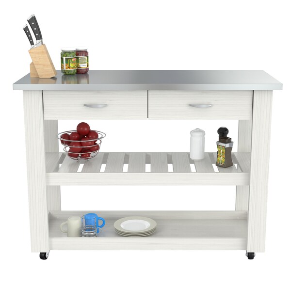 Inval Kitchen Cart in White with Stainless Steel top 46.8 in. W x 33.8 in. H x 19.7 in. W - CR-1307