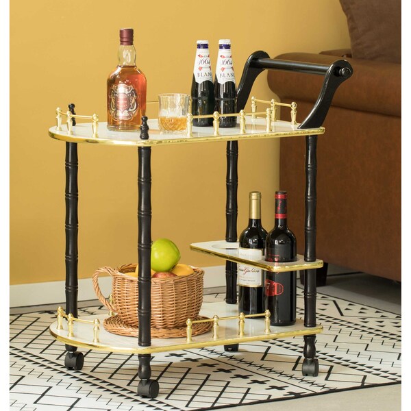 Fabulaxe Wood Serving Bar Cart Tea Trolley with 2 Tier Shelves and Rolling Wheels, Gold, Black and White - QI003776.WT