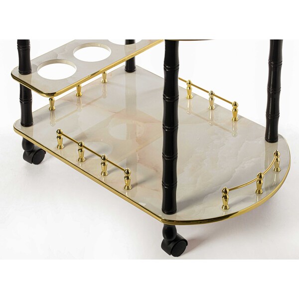 Fabulaxe Wood Serving Bar Cart Tea Trolley with 2 Tier Shelves and Rolling Wheels, Gold, Black and White - QI003776.WT