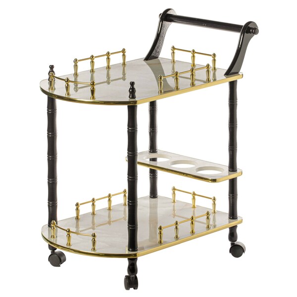 Fabulaxe Wood Serving Bar Cart Tea Trolley with 2 Tier Shelves and Rolling Wheels, Gold, Black and White - QI003776.WT