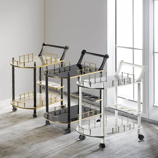 Fabulaxe Wood Serving Bar Cart Tea Trolley with 2 Tier Shelves and Rolling Wheels, Gold, Black and White - QI003776.WT