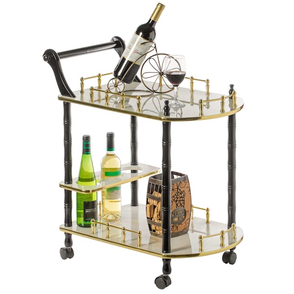 Fabulaxe Wood Serving Bar Cart Tea Trolley with 2 Tier Shelves and Rolling Wheels, Gold, Black and White - QI003776.WT