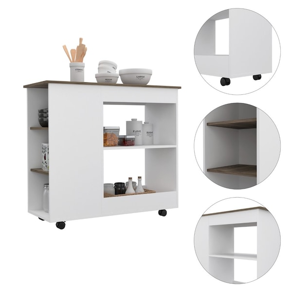 Tuhome Nigella Kitchen Cart, Two Storage Shelves, Four Casters, Three Side Shelves, White/Dark Brown - MBB7165