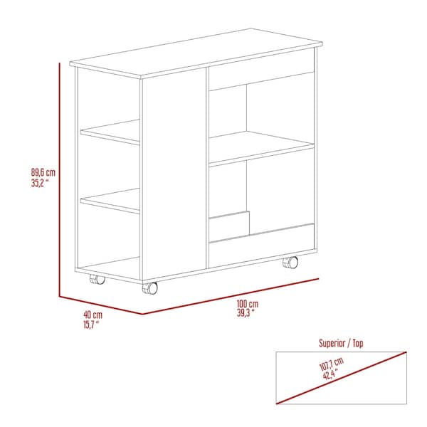 Tuhome Nigella Kitchen Cart, Two Storage Shelves, Four Casters, Three Side Shelves, White/Dark Brown - MBB7165