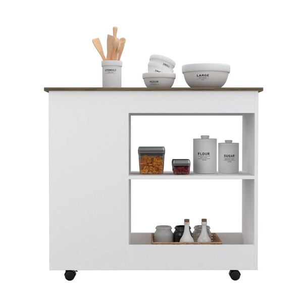 Tuhome Nigella Kitchen Cart, Two Storage Shelves, Four Casters, Three Side Shelves, White/Dark Brown - MBB7165