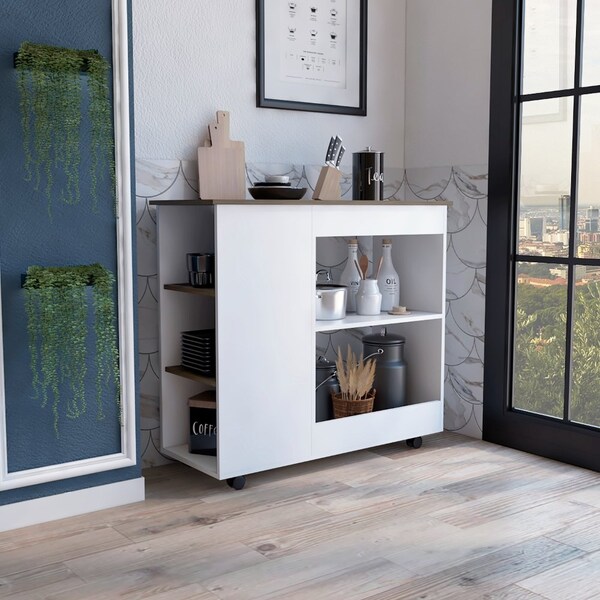 Tuhome Nigella Kitchen Cart, Two Storage Shelves, Four Casters, Three Side Shelves, White/Dark Brown - MBB7165