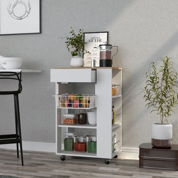 Tuhome Blosson Kitchen Cart, One Drawer, Two Open Shelves, Four Casters, White/Light Oak - OBD6766