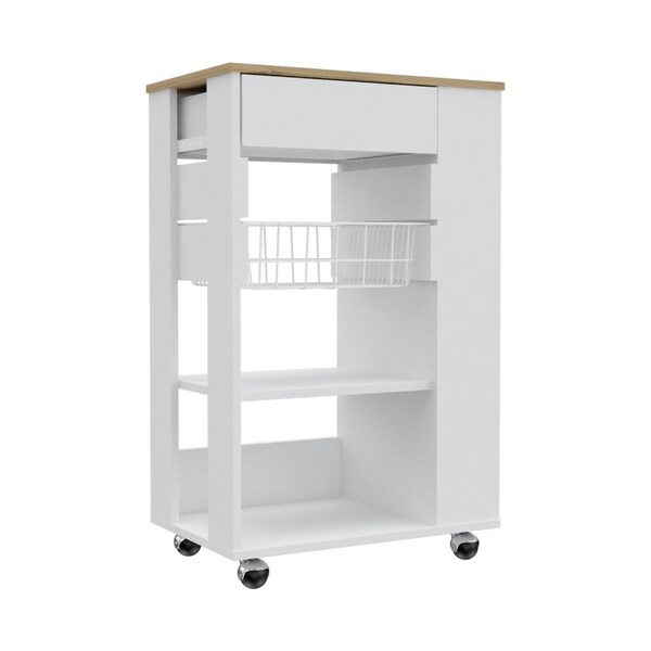 Tuhome Blosson Kitchen Cart, One Drawer, Two Open Shelves, Four Casters, White/Light Oak - OBD6766