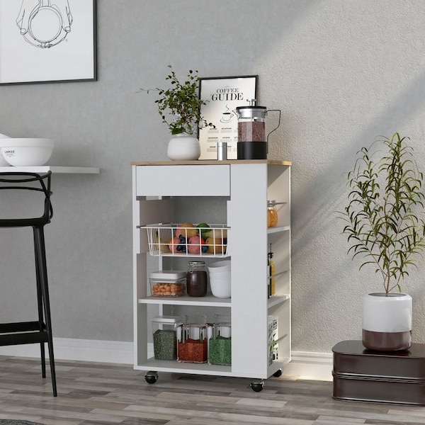 Tuhome Blosson Kitchen Cart, One Drawer, Two Open Shelves, Four Casters, White/Light Oak - OBD6766