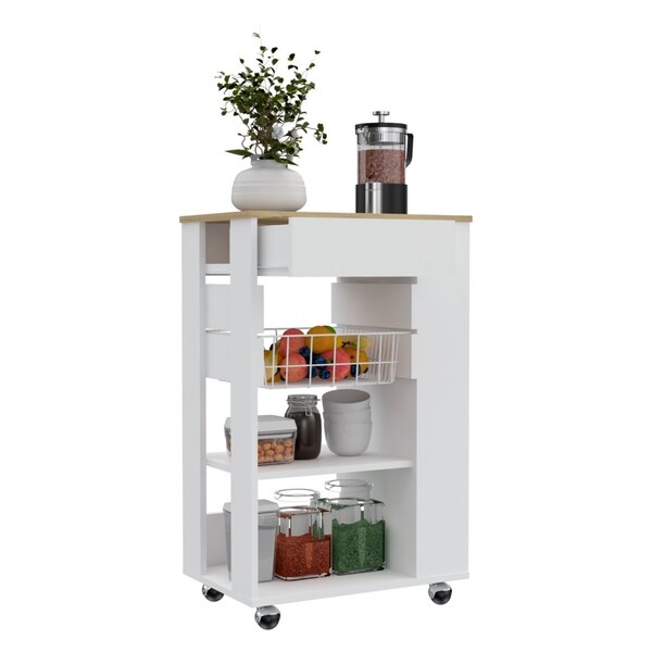 Tuhome Blosson Kitchen Cart, One Drawer, Two Open Shelves, Four Casters, White/Light Oak - OBD6766