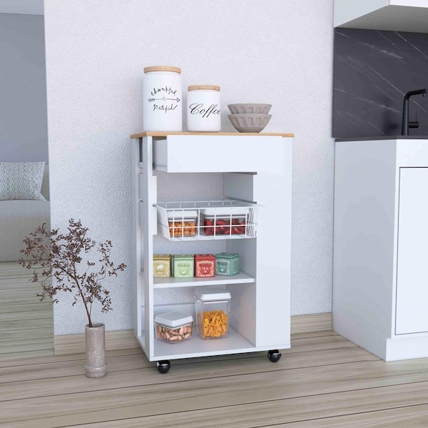 Tuhome Blosson Kitchen Cart, One Drawer, Two Open Shelves, Four Casters, White/Light Oak - OBD6766