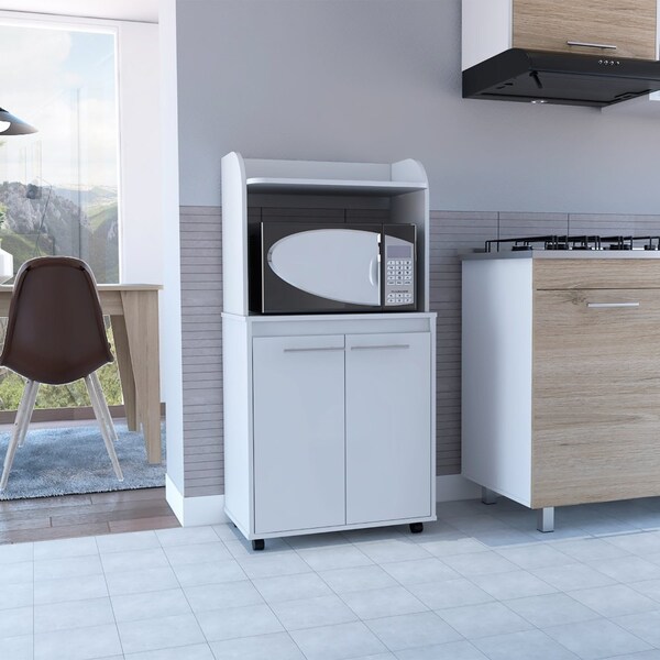 Tuhome Kira Kitchen Kart, Double Door Cabinet, One Open Shelf, Two Interior Shelves, White - MLB6769